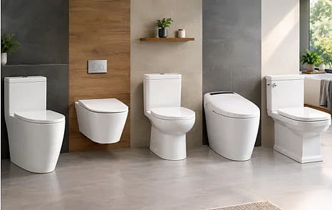 Modern bathroom showroom displaying five white toilets against gray and wood-paneled walls, with a shelf of plants and sunlight from a window.