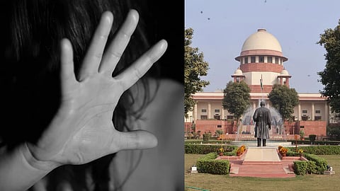 In the image on the left side a distressed girl is shown and on the right site supreme court is shown