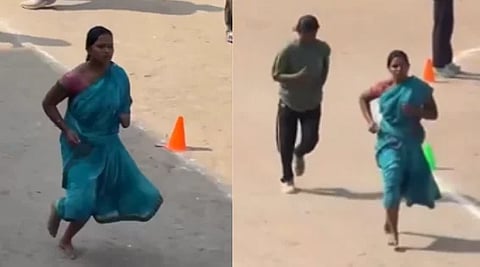 Image of a Jharkhand woman running in a saree barefoot for a physical test of a home guard job post 
