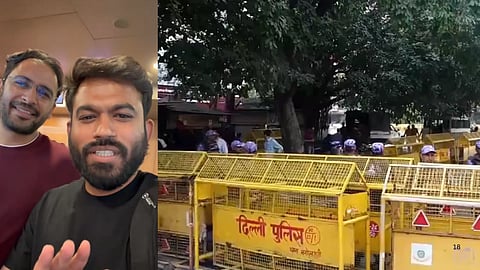 Abhijeet dipke and Ashutosh Ranka on left and Delhi Police barricade on right
