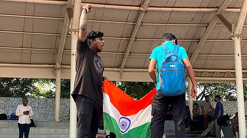 In the image protesters are shown at Rajiv Gandhi Stadium