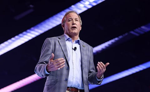 Texas Attorney General Ken Paxton speaking with attendees at the 2025 AmericaFest at the Phoenix Convention Center in Phoenix, Arizona.