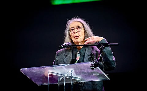 Image of Anne Carson, poet, at the 2024 National Book Awards finalist reading in the NYU Skirball Center.
