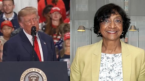 left image is of Donald trump at Syracuse rally and right image is of 2026 Nobel Peace Prize winner Navi Pillay