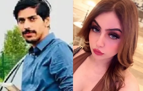 Split-screen portraits show a mustached man in a blue shirt outdoors beside greenery and a woman with long brown hair and makeup, posing for a selfie.