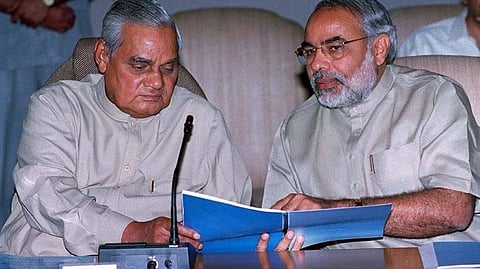 The Chief Minister of Gujarat Narendra Modi calls on the Prime Minister Atal Bihari Vajpayee in New Delhi on March 27, 2002.