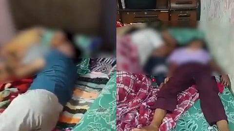 In the image a family is shown inside their house lying on bed