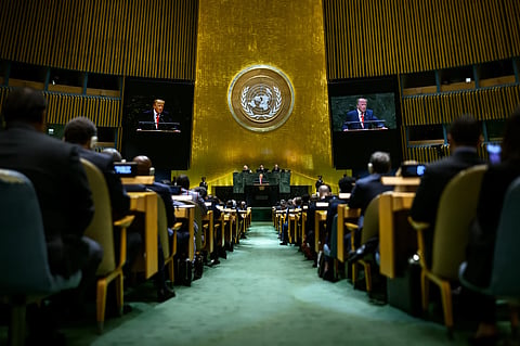 US President Trump speaking at the U.N. General Assembly. 
