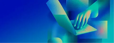  A hand grips a laptop, set against a vibrant blue backdrop.