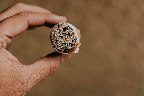 Detailed view of a hand holding a rolled herbal cigarette with a textured background.