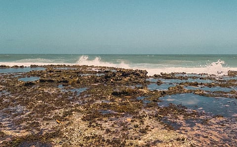 Vibrant and tranquil coastal scene at Barra do Cunhaú, Brazil with waves crashing on rugged rocks.
