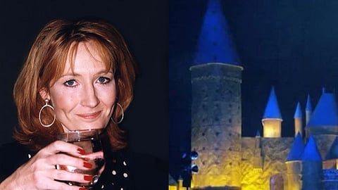In the image J.K. Rowling is shown in a collage alongside a harry potter themed durga puja pandal 