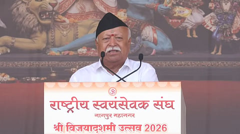 In the image RSS Chief Mohan Bhagwat is shown in RSS Vijayadashmi Event