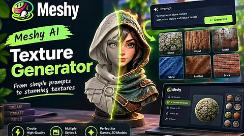 Promotional graphic for Meshy AI Texture Generator, featuring a half-stone, half-colorful hooded woman beside material swatches and a 3D texture interface.