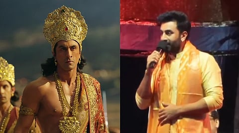 Left image is of Ranbir Kapoor playing lord ram in Ramayana. right image is of Ranbir Kapoor speaking at an event of ramayana 