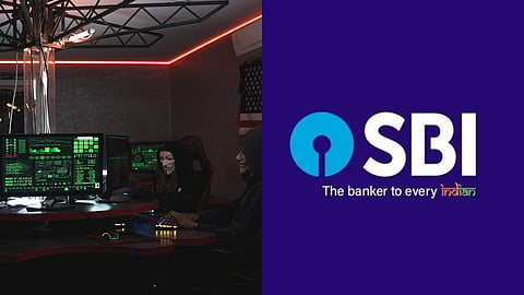 Split image shows people monitoring green data screens in a dark, red-lit operations room beside the blue-and-white SBI logo and “The banker to every Indian” slogan.