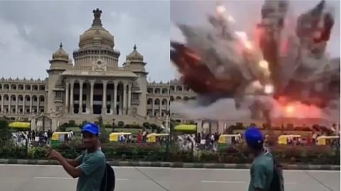 In the image a man is shown outside Bengaluru's Vidhan Soudha. The AI generated video of Bomb blast at the location