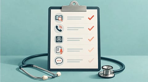 A medical checklist on a clipboard shows health icons and orange checkmarks, with a stethoscope on a teal surface; the scene feels calm and organized.