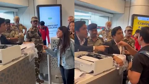 In the image SpiceJet flight counter is shown with passengers arguing with the staff