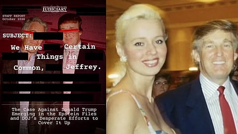 Left image is the cover of a Epstein report released by Democrats and right images if of rape victim Beatrice Keul and accused Donald trump