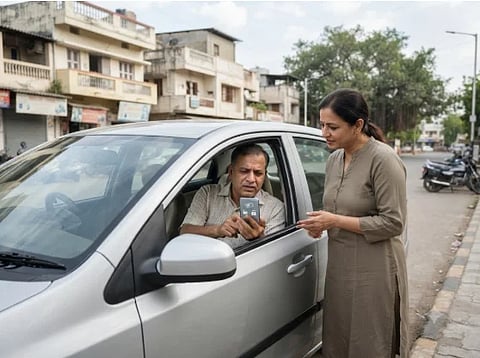 Image of a man in a car talking to a woman. the man seem to be showing something to the woman through his phone