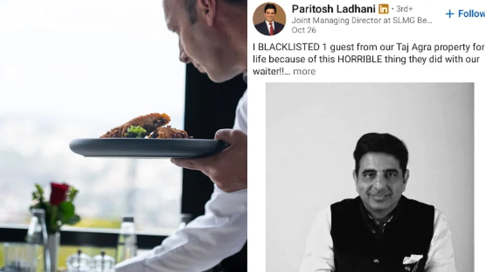 A waiter serves gourmet dishes in a sophisticated restaurant setting, enhancing a fine dining atmosphere. right image is of Paritosh Ladhani linkedin
