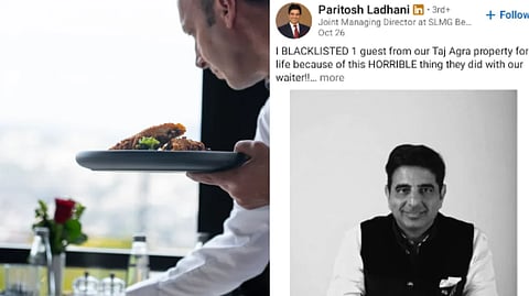 A waiter serves gourmet dishes in a sophisticated restaurant setting, enhancing a fine dining atmosphere. right image is of Paritosh Ladhani linkedin 
