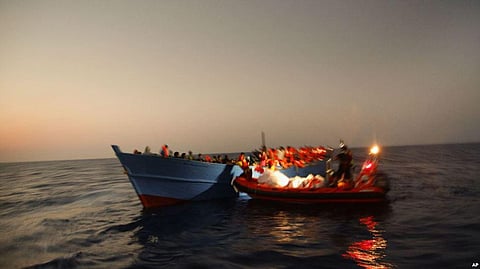 Médecins Sans Frontières (Doctors Without Borders) pulls out about 6,500 people from 40 ships off the coast of Libya en route to Europe