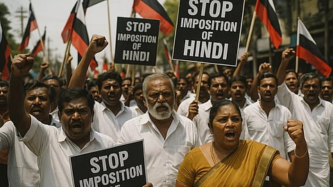 भारत में हिंदी सिर्फ एक भाषा नहीं, बल्कि करोड़ों लोगों के संवाद (Communication) का माध्यम है। [SORA AI]