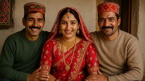  जोड़ीदारा हिमाचल प्रदेश की एक पारंपरिक बहुपति प्रथा है, जिसमें एक महिला दो या अधिक भाइयों से विवाह करती है।         (Sora AI)
