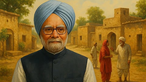 डॉ. मनमोहन सिंह अपने गांव में हैं और उनके पीछे 2-3 लोग दिखाई दे रहे हैं।