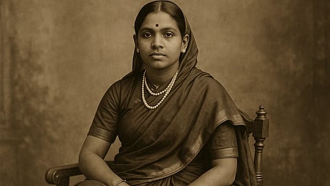 एक भारतीय महिला मुथुलक्ष्मी रेड्डी का सीपिया रंग का चित्र, जो एक मद्धिम भूरे रंग की पृष्ठभूमि पर साड़ी और मोतियों की दोहरी लड़ पहने बैठी है।