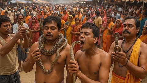 समस्तीपुर के सिंघिया घाट पर नागपंचमी के दिन सांपों संग निकलती है अनोखी शोभा यात्रा।
(Sora AI)
