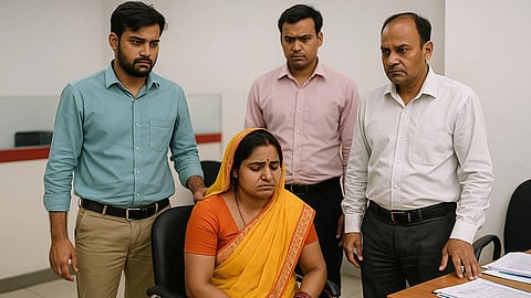 इस तस्वीर में एक महिला है, जिसने पीले रंग की साड़ी पहन रखी है, और उसके पीछे तीन पुरुष खड़े हैं।