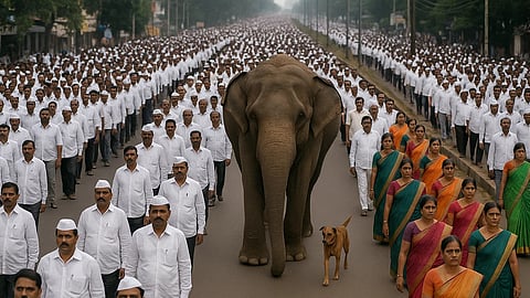 32 साल से कोल्हापुर के जैन मठ में रह रही हथिनी 'महादेवी' को PETA की शिकायत पर वंतारा भेजा गया।   (Sora AI)