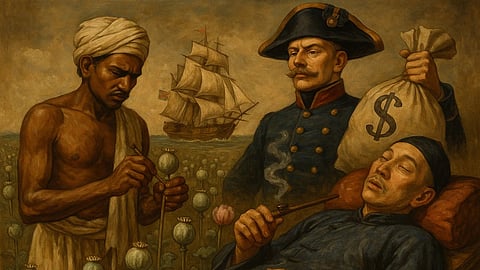 1800 के दशक में ब्रिटेन को चीन की चाय, रेशम और बर्तन बेहद पसंद थे। (Sora AI)