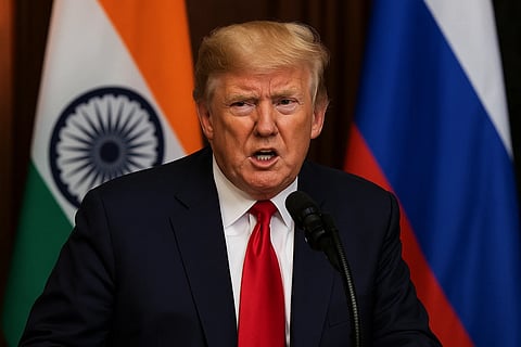 अमेरिकी राष्ट्रपति डोनाल्ड ट्रंप लोगों को सम्भोदित करते हुए    