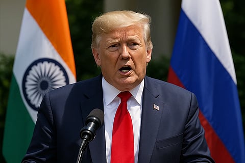 अमेरिका के राष्ट्रपति डोनाल्ड ट्रंप लोगों को सम्भोदित करते हुए 