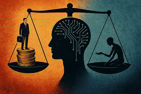 सर्किटरी से बनी एक मानव सिर की परछाईं के दोनों ओर तराजू दिखाई दे रहा है। एक तरफ सिक्कों पर खड़ा व्यक्ति है और दूसरी तरफ बैठा हुआ इंसान – यह चित्र तकनीक और मानवीय मूल्यों के बीच संतुलन और अंतर को दर्शाता है।