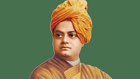 इस तस्वीर में स्वामी विवेकानंद हैं, जो पीप रंग की पगड़ी पहने हुए हैं।