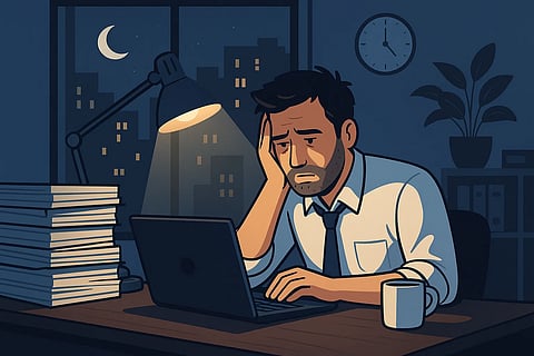 थका हुआ व्यक्ति देर रात मंद रोशनी वाले ऑफिस में लैपटॉप पर काम कर रहा है। मेज़ पर फाइलों का ढेर, जलता हुआ डेस्क लैंप और खिड़की के बाहर रात का शहर दिखाई दे रहा है – तनावपूर्ण कामकाजी माहौल और ओवरवर्क की स्थिति को दर्शाता चित्र।