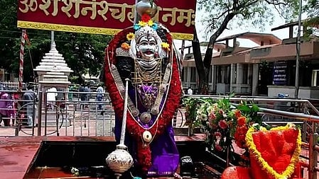 शनिदेव की मूर्ति जिस पर फूल चढ़े है 