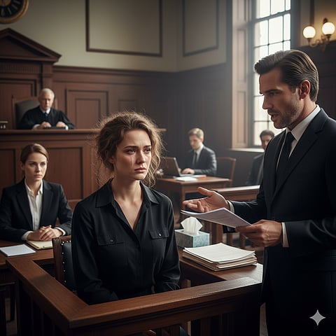 कोर्ट रूम में महिला बैठी हुई, लॉयर उनसे सवाल पूछते हुए 