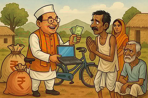 पारंपरिक पोशाक में एक राजनेता ग्रामीण व्यक्ति को पैसा और लैपटॉप दे रहा है, ग्रामीण उम्मीद भरी नज़रों से देख रहा है। पास में दो लोग बैठे हैं। ग्रामीण पृष्ठभूमि वाला यह चित्र राजनीतिक व्यंग्य और चुनावी वादों को दर्शाता है।