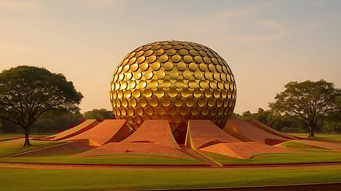 यह भारत के ऑरोविल में स्थित मातृमंदिर का दृश्य है, और यह चारों ओर हरी घास और पेड़ों से घिरा हुआ।
