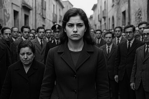 इस तस्वीर में एक लड़की काले कपड़े पहने खड़ी है, और उसके पीछे बहुत से लोगों की भीड़ दिखाई दे रही हैं। 