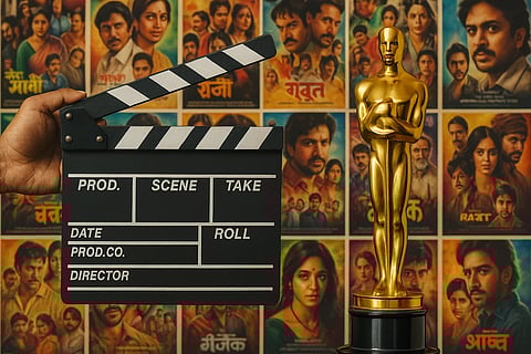 एक हाथ सुनहरी ट्रॉफी के पास फिल्म क्लैपबोर्ड पकड़े हुए है, पीछे रंग-बिरंगे मूवी पोस्टर दिखाई दे रहे हैं – सिनेमा, फिल्म पुरस्कार और उत्सव के माहौल को दर्शाता चित्र।