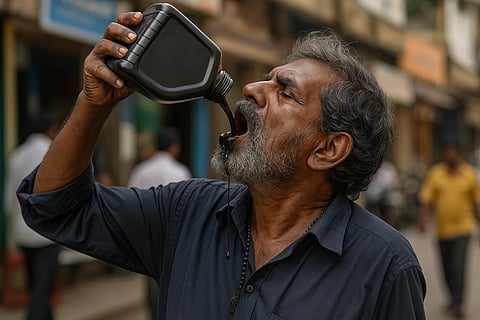 कर्नाटक सीधे बोतल से काला मोटर ऑयल पीते नज़र आते हैं। 