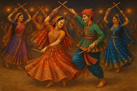 इस तस्वीर में लड़के और लड़किया चनिया चोली पहनकर साथ में गरबा और डांडिया खेल रहे है और नवरात्री का त्यौहार मना रहे है 