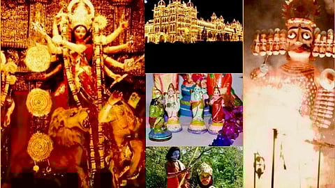 तस्वीर में रावण, मां दुर्गा, राम दरबार और रामलीला नाटक के लिए तैयार हुए बच्चे नजर आ रहे हैं।